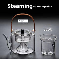Bamboo Handle Glass Tea Making Steamed Tea Teapot